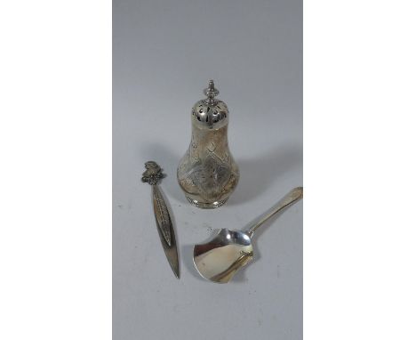 A Silver Engraved Pepper Pot, Silver Tea Caddy Spoon and a White Metal Page Marker 