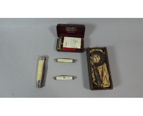 A Box Containing Three Vintage Penknives, Cased Micrometer Screw and Vintage Travel Razor 