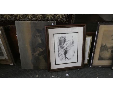 A Mounted but Unframed Oil on Canvas Depicting Three Figures in Boat on Continental Lake Together with Harold Lloyd Print and