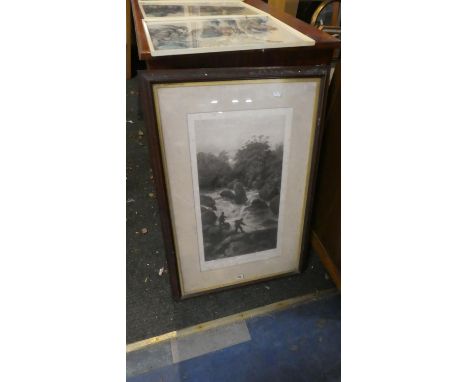 A Framed Monochrome Print Depicting Gents Netting Salmon at Waterfall, 89cm High 