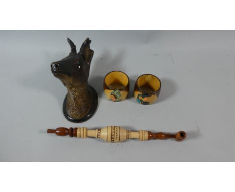 A Carved Black Forest Study of a Deer (AF) Together with Two Continental Wooden Napkin Rings and Dubrovnik Pipe 