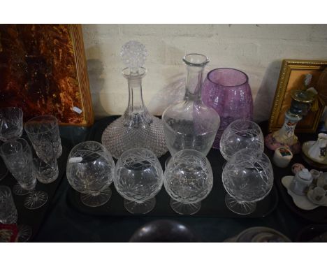 A Tray of Glassware to Include Cut Brandy Balloons, Ships Decanter, Crackle Glass Vase etc 