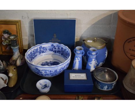 A Tray of Blue and White Ceramics to Include Royal Worcester, Jasperware etc 