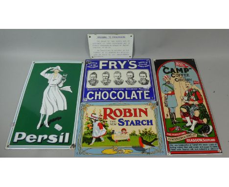 A Collection of Four Reproduction Enamel Advertising Signs and a 'Warning to Passengers' Sign 