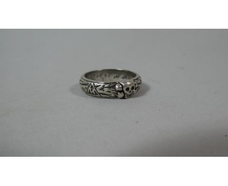 A White Metal German SS Honour Ring with Raised Skull, Swastika and Internal Inscription for P.16 H Shutz 22/11/42 with Engra