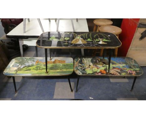 A Collection of Three 1970's Vintage Coffee Tables Decorated with Inverness Castle, Exotic Jungle and Crinoline Lady 