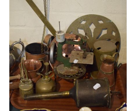 A Tray of Metalwares to Include Brass Clockwork Meatjack, Vintage Sewing Machine, Brass Kettle Stand, Copper Chestnut Roaster