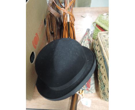 A mixed lot of vintage items, including a Moss Bros Bowler hat in great condition, a small floral printed parasol and two tan