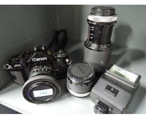 A Canon A1 camera, a Vivitar Macro Focusing Zoom 75-205mm, a Vivitar MC 75-205mm 2x matched multiplier, light meter, filters 