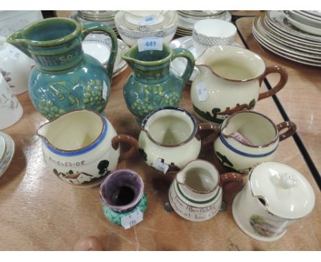 A selection of ceramic jugs including Watcombe Motto ware milk and cream jugs including Ambleside