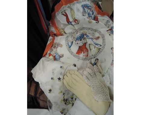 Two pairs of vintage gloves and a silk embroidered scarf approx 1940s, also included is a wonderful square scarf depicting ro
