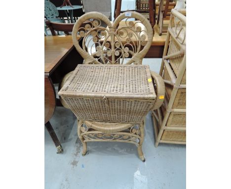 A wicker love chair and hamper