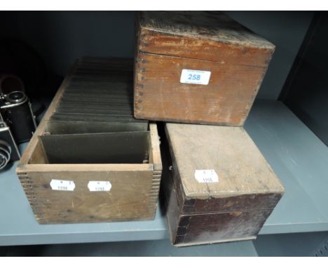 Three wooden boxes containing glass slides and vintage photographsCONDITION REPORTS - GLASS SLIDES INCLUDE PEOPLE, LANDSCAPES