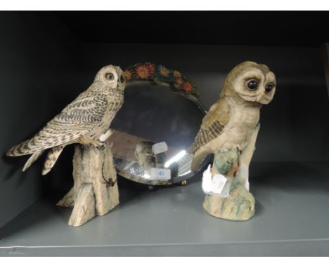 Two decorative owl figures one by Teviotdale and a plaster surround mirror