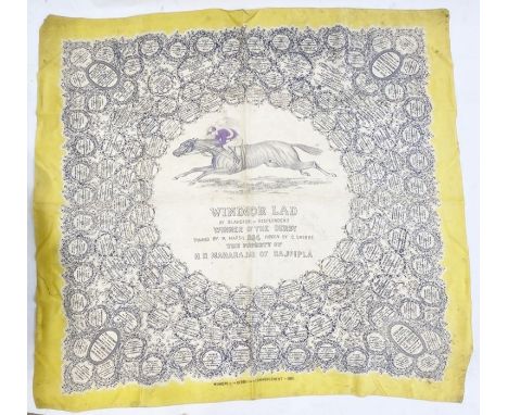 Ladies silk scarf commemorating the victory of H.H.MAHARAJH of RAJAPIPLA Windsor Lad, winner of the 1934 Derby, yellow ground