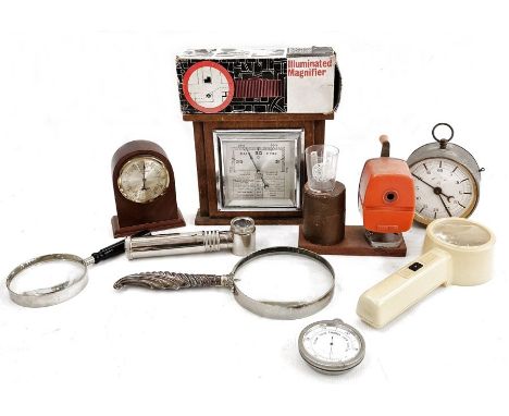 Various rules, Illuminated magnifier, barometer, other magnifying glasses (1 box)