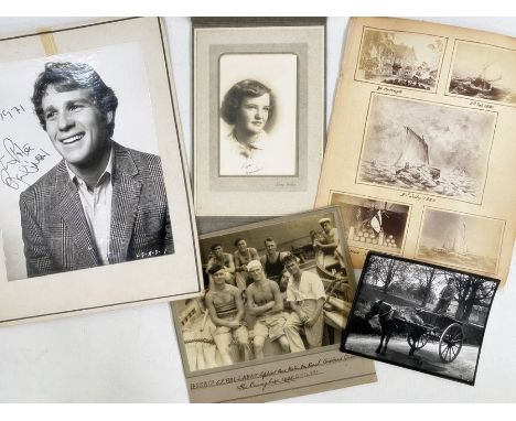 Quantity of vintage black and white photographs to include a later signed portrait of Ryan O'Neal, the winning crew of the S.
