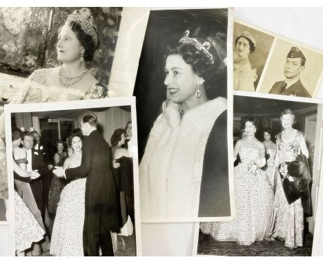 Four vintage black and white photographs of the Royal Family: a black and white photograph of Queen Elizabeth II wearing a cr