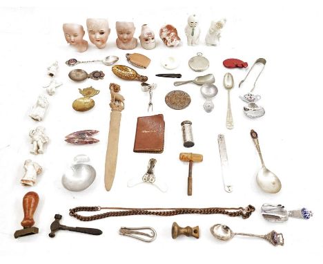Quantity of mixed collectables&nbsp;to include dolls heads, rulers, caddy spoons, weights, seals, etc (1 box)&nbsp;