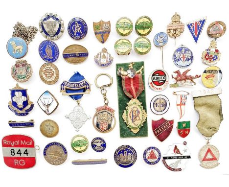 Collection of union, political and transportation brass enamel badges (1 box)
