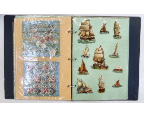 Victorian scraps, including dogs, boats and hunting scenes, with advertisements, miniature calendars, a manual of general rou