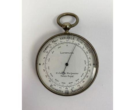 Late 19th century white metal cased French pocket aneroid barometer by La Fontaine, with white enamelled dial marked for Pala