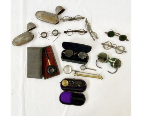 Various spectacles and optical items, wooden rules and measures, compass, whistle, etc (2 boxes)&nbsp;Condition ReportGeneral