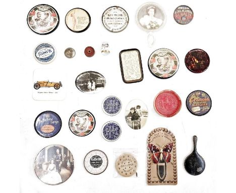 Assorted hatpins, compact mirrors with advertising to reverse (1 box)