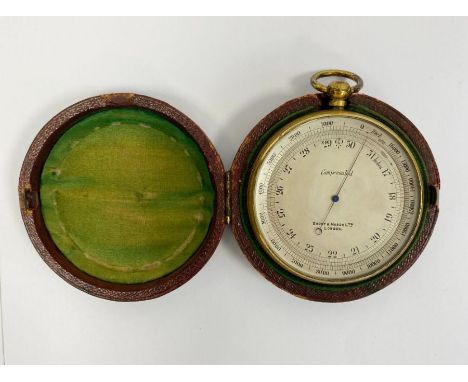 Late 19th century brass cased Short & Mason Ltd (London) compensated pocket barometer, with silvered dial and blued steel han