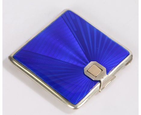 George V silver and blue enamel powder compact, Birmingham 1935, maker James Dixon &amp; Sons, the engine turned clasp above 