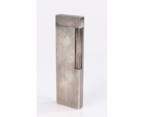 S.T. Dupont silver plated table cigarette lighter, the exterior with cross hatch decoration, 12.5cm high