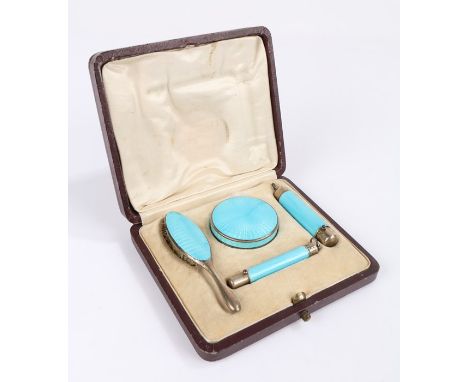 Sterling silver and turquoise enamel decorated vanity set, consisting of small brush, pot and cover, two lipstick holders, ho