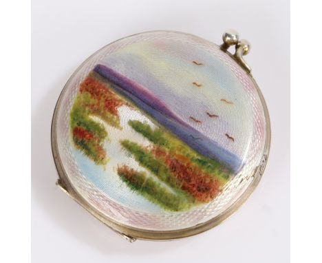 George V silver and enamel powder compact, Birmingham 1930, maker&nbsp;Rotherham &amp; Sons Ltd. the lid with depiction of bi