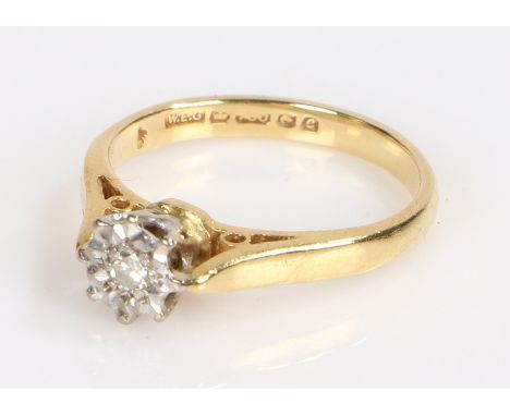 18 carat gold diamond set ring, with a round cut diamond to the star setting, 2.2 grams, ring size G