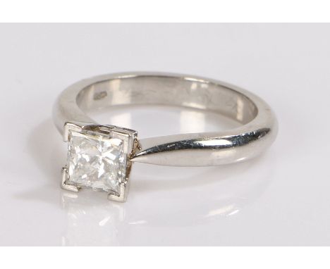 Platinum diamond set solitaire ring, the princess cut 1.01 carat diamond ring set to the platinum band, ring size L/M