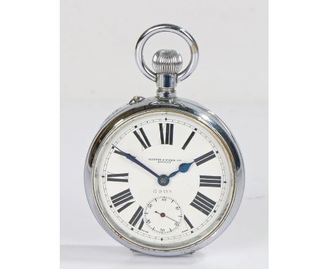 Mappin &amp; Webb 8 day goliath pocket watch, the signed white enamel dial with Roman numerals and subsidiary seconds dial, c