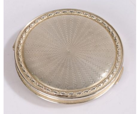 Elizabeth II silver powder compact, Birmingham 1957, maker Garrard &amp; Co Ltd. of circular form with engine turned cover, t