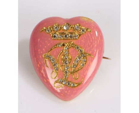 Victorian diamond a pink guilloche enamel heart form brooch/pendant, with the diamond set initials and diamond set crown abov