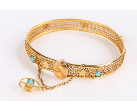 Yellow metal and turquoise set bangle, the fret bangle with three turquoise stones, 5cm wide, 7.8 grams