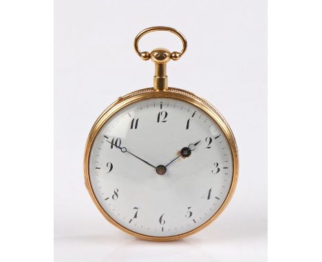 French gold cased repeater open face pocket watch, the white enamel dial with Arabic numerals, key wound, the ridged case wit