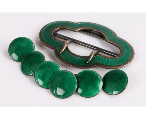 Silver and green enamel buckle and buttons set, Birmingham 1909, the shaped buckle with green enamel together with six matchi