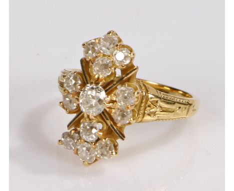 18 carat gold diamond set ring, with thirteen round cut diamonds to the the head, the central diamond at 3.8mm diameter&nbsp;