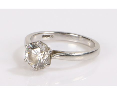 Platinum and set diamond solitaire ring, the diamond at approximately 2.0 carat with a six claw mount, ring size O