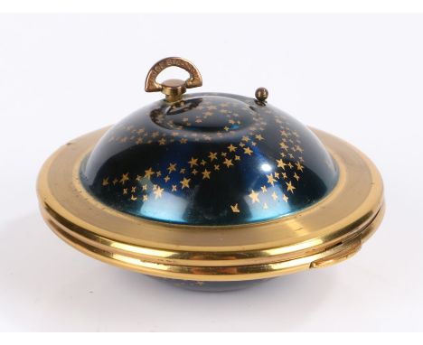 Kigu "Flying Saucer" musical powder compact, the brass body with domed blue enamel starry sky decoration, the interior with c