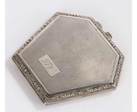 Elizabeth II silver powder compact, Birmingham 1953, maker&nbsp;William Adams Ltd, the engine turned lid with foliate cast bo