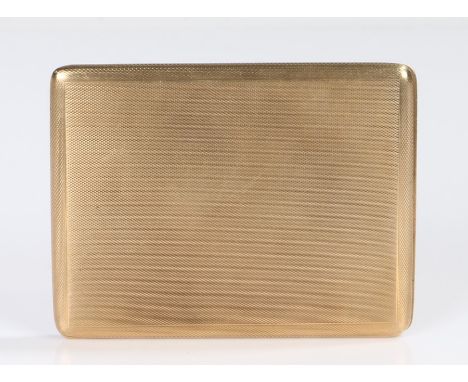 9 carat gold cigarette case, the rectangular case with engine turned front and back sliding to open to the interior with a 19