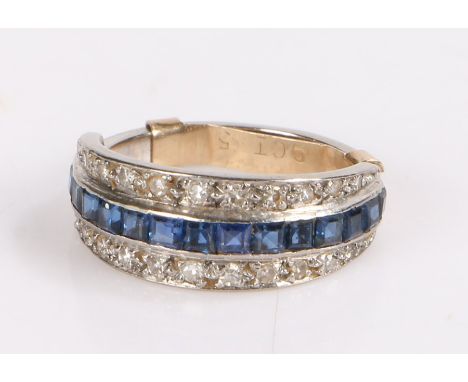 18 carat gold sapphire and diamond set ring, the row of sapphires flanked by diamonds either side, ring size K