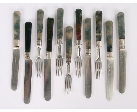 Harlequin set of agate handled fruit knives and forks, three knives and five forks Sheffield 1906, maker Harrison Brothers &a