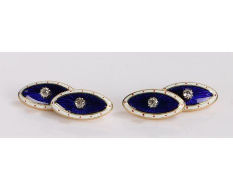 Pair of diamond and enamel cufflinks, the navette form cufflinks with a central round cut diamond and blue and white enamel s