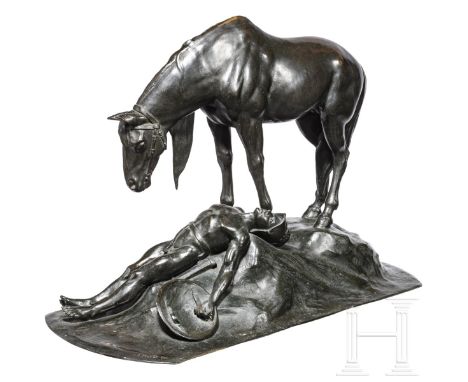 Große Bronzefigur eines trauernden Pferdes mit gefallenem Krieger  Bronze, patiniert, vorn an der Plinthe signiert "v. d. Hor